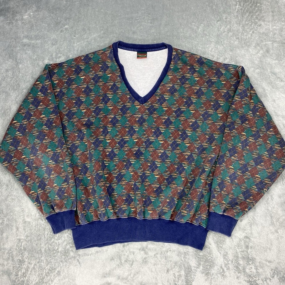 Vtg Cross Creek Sweatshirt Mens Size L Geometric Diamond Argyle‎ Made In USA 90s
